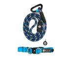 Wolf & I Co. Vagabond 4.0 Reflective Dog Leash, ID Tag & M/L Light Blue Collar Set