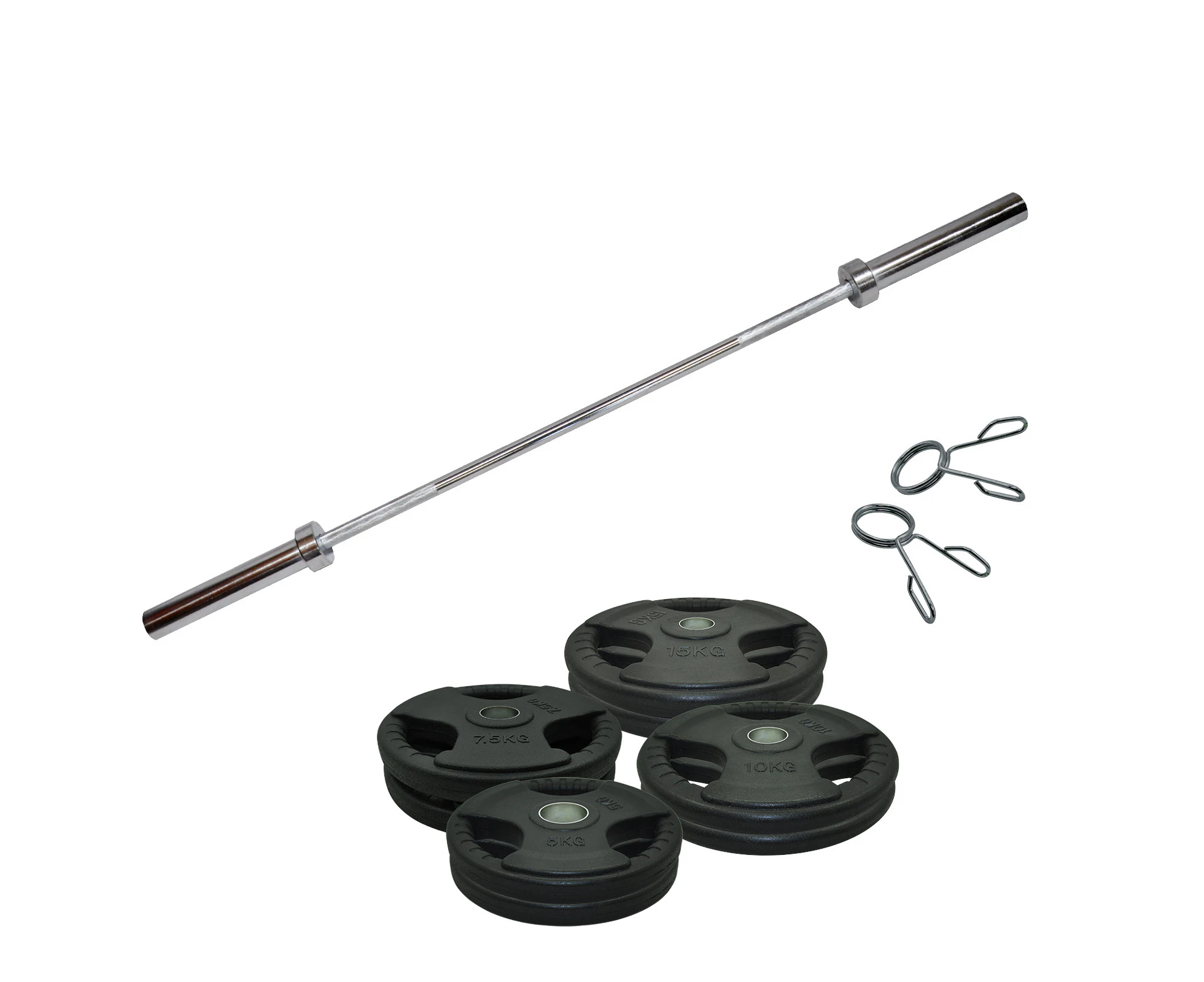 Total 84kg - 150cm Olympic Barbell Bar + Rubber Coated Weight Plate - 5kg x 2 + 7.5kg x 2 + 10kg x 2 + 15kg x 2