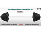Total 127kg - 180cm Olympic Barbell + Rubber Coated Weight Plate - 5kg x 2 + 7.5kg x 2 + 10kg x 2 + 15kg x 2 + 20kg x 2