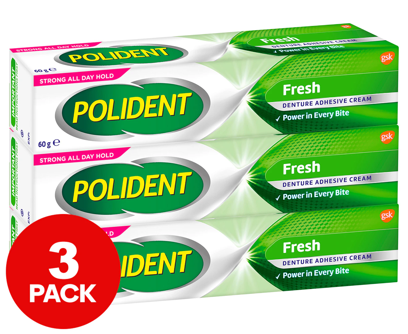 3 x Polident Denture Adhesive Cream Fresh 60g