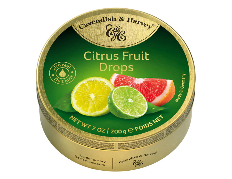 Cavendish and Harvey Citrus Fruit Drops 200g Tin Sweets C&H Candy Lollies
