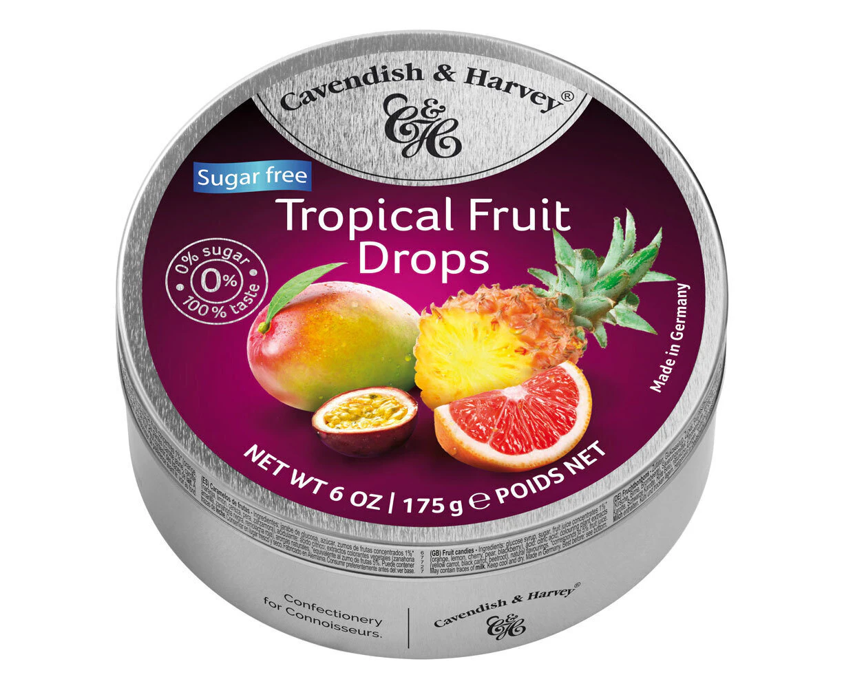 Cavendish and Harvey Tropical Fruit Drops 175g Tin Candy Lollies Sugar Free C&H