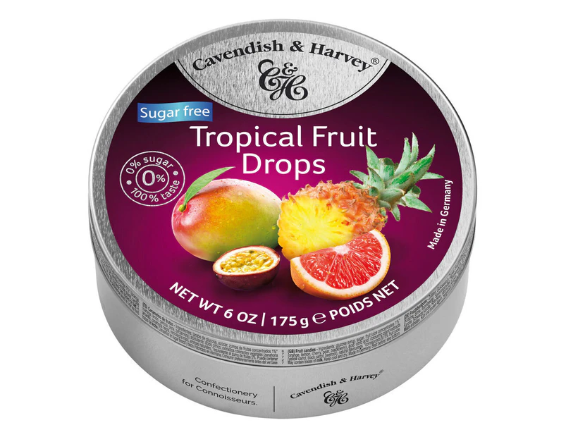 Cavendish and Harvey Tropical Fruit Drops 175g Tin Candy Lollies Sugar Free C&H