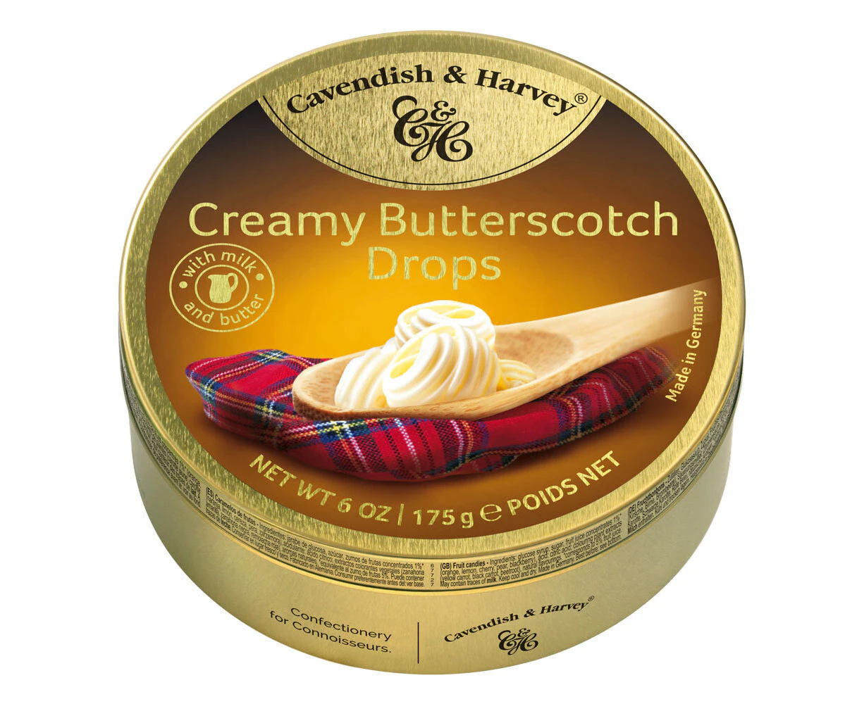 Cavendish and Harvey Creamy Butterscotch Drops 175g Tin Sweets C&H Candy Lollies