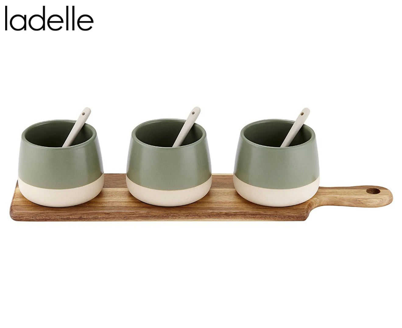 7pc Ladelle Host Stoneware Serving Bowl/Spoon/Wood Paddle Set Dip/Sauces Sage