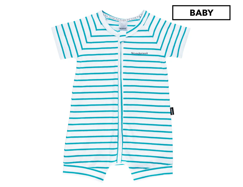 Bonds Baby Short Sleeve Wondersuit Zip Romper - White/Blue (Stripe 1S9)
