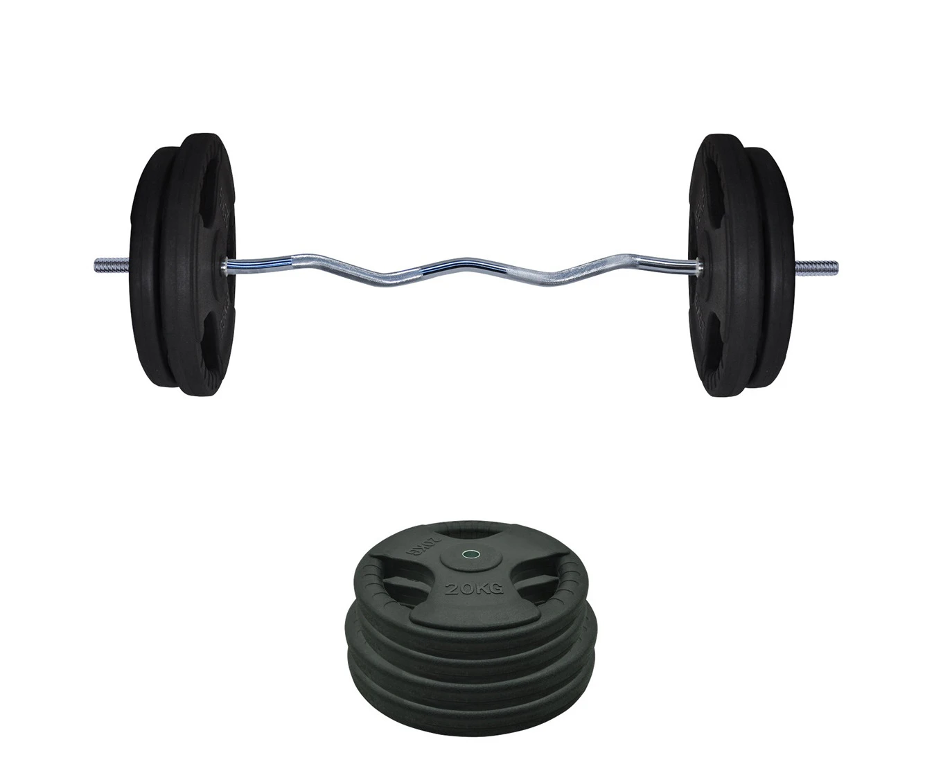 Total 95kg- 26.5mm Rubber Coated Ez Grip Cast Iron Weight Plate 20kg x 2 +25kg x 2+120cm Curl Barbell