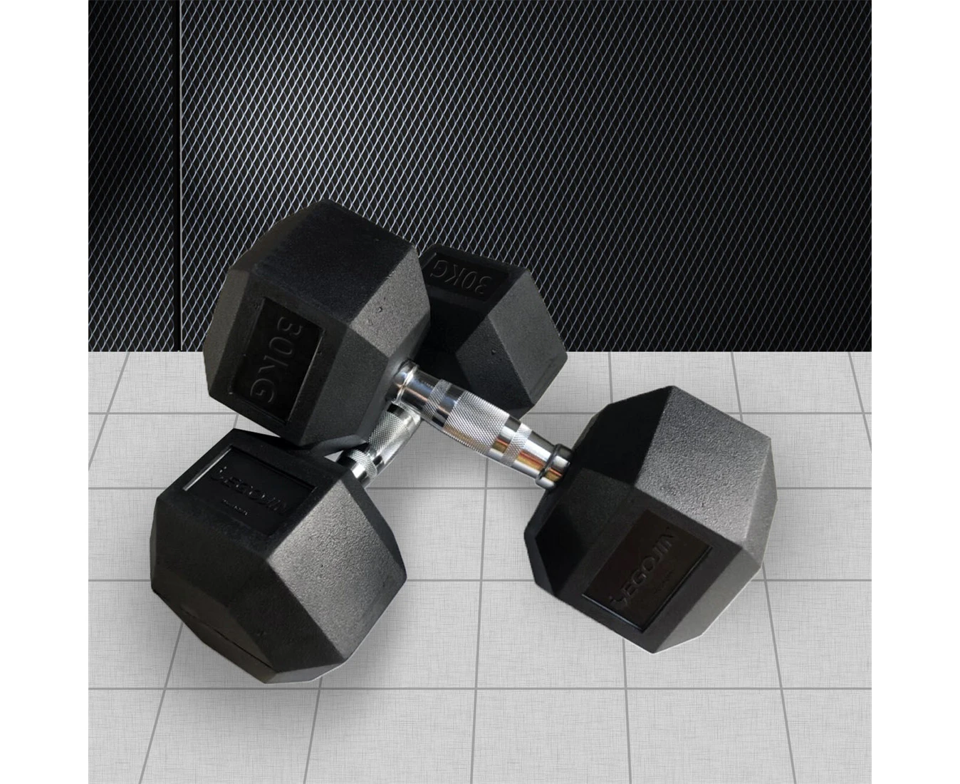 30kg x 2 Hex Rubber Coat Iron Dumbell Strength Weight Training Commercial Grade