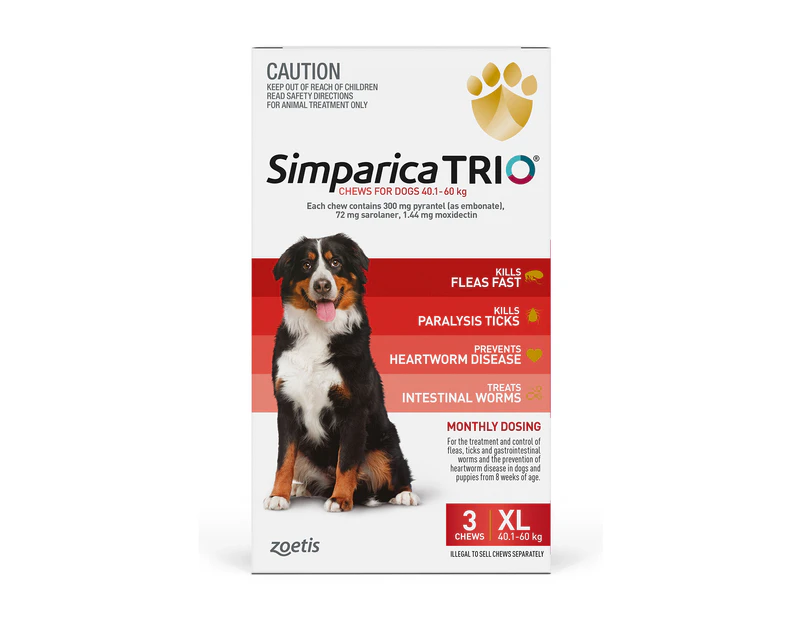 Simparica Trio Flea, Tick & Heartworm Chew for Extra Large Dogs 40.1-60kg - 3-Pack