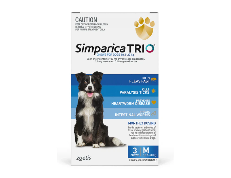 Simparica Trio Flea, Tick & Heartworm Chew for Medium Dogs 10.1-20kg - 3-Pack