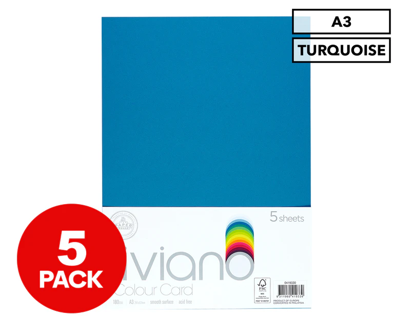 The Paper House Liviano 180GSM A3 Colour Card 5-Pack - Turquoise