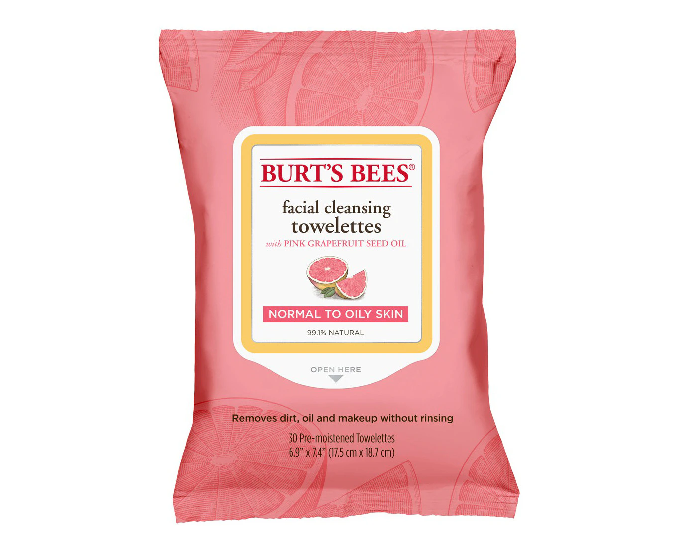 Burt's Bees Facial Cleansing Towelettes With Pink Grapefruit Seed Oil 30