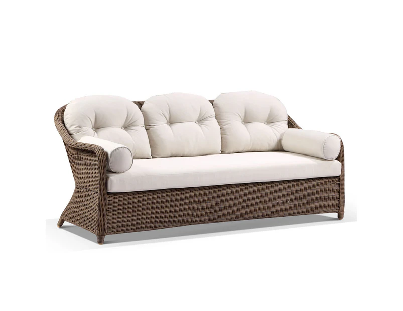 Outdoor Plantation Outdoor Wicker 3 Seater Rattan Lounge - Outdoor Wicker Lounges - Brushed Wheat with Cream