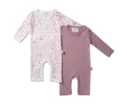 Babyushka Organic Water colour Flora  2pack Long sleeve Jumpsuit Pink AOP & Pink solid