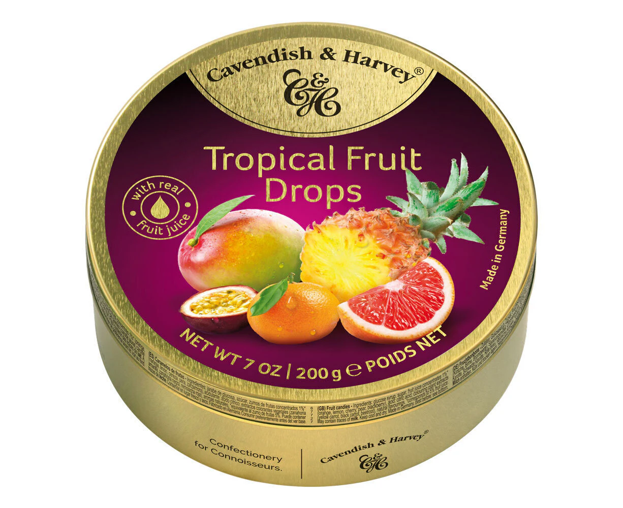 Cavendish and Harvey Tropical Fruit Drops 200g Tin Sweets C&H Candy Lollies