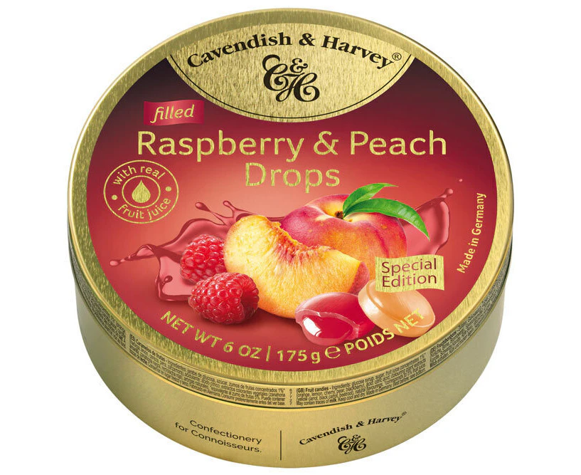 Cavendish and Harvey Raspberry & Peach Drops 200g Tin Sweets C&H Candy Lollies