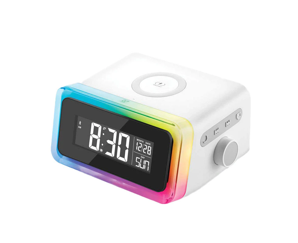 Ymall QC2CNW Digital Alarm Clock With Wireless Charging Bluetooth 5.0 Speaker Colourful Smart LED Lighting For Bedroom/Bedside Clocks/Office-White