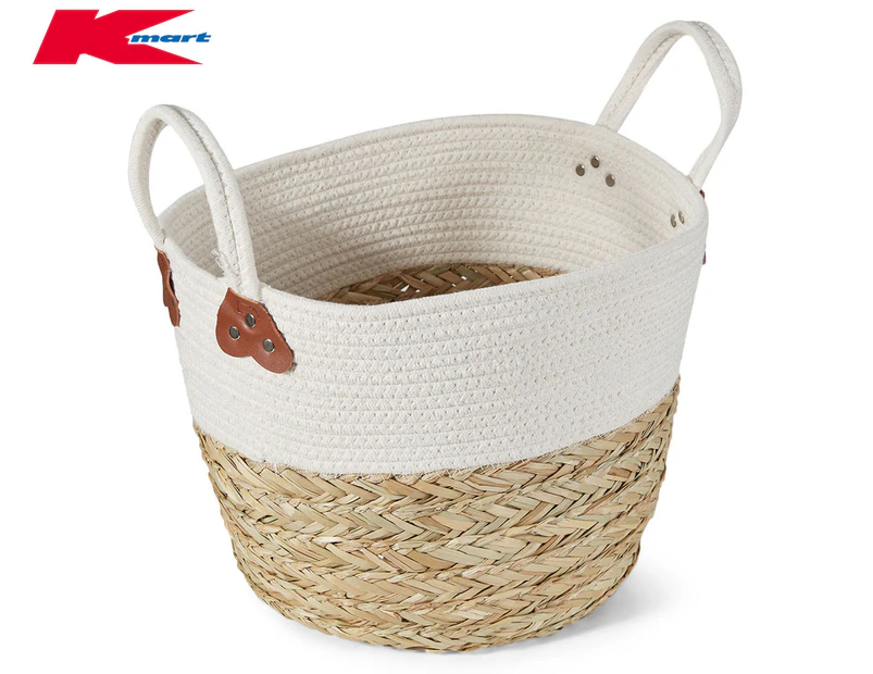 Anko by Kmart Large Rope & Straw Laundry Basket - White/Natural