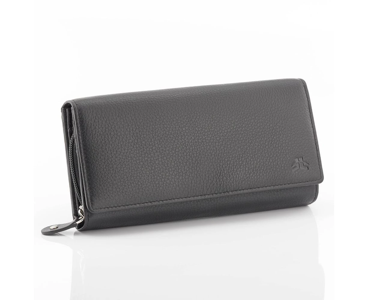 RFID Womens Genuine Full Grain Soft Leather Ladies Long Wallet Purse - Black