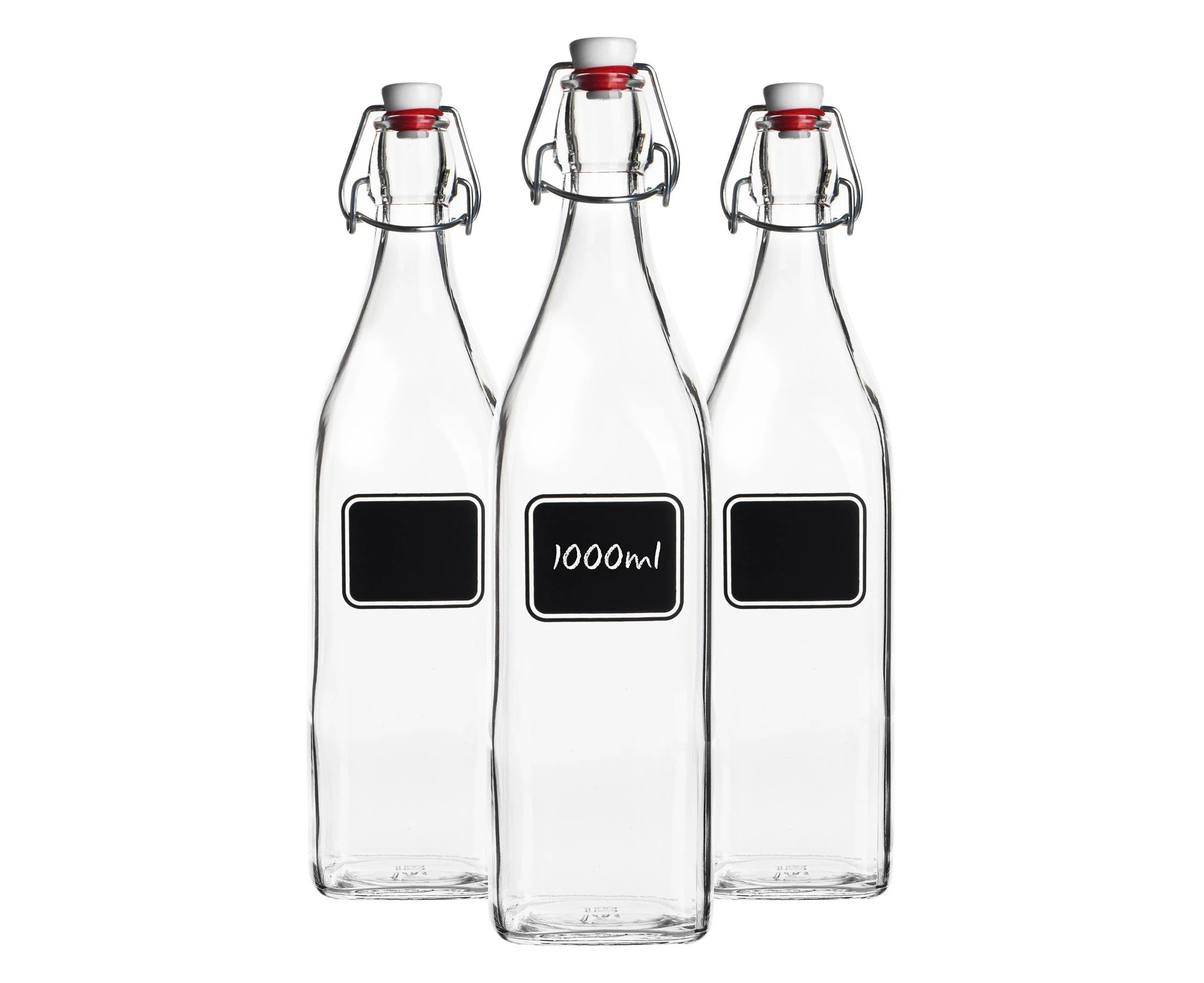 Bormioli Rocco 3pc Lavagna Glass Swing Top Bottle Set with Chalkboard Label - For Preserving, Home Brew - 1L