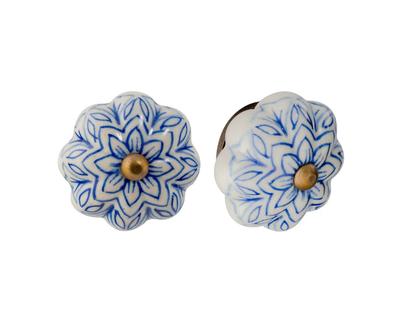 Nicola Spring Ceramic Cupboard Drawer Handle Knobs - Vintage Flower Design - Light Blue - Pack of 6
