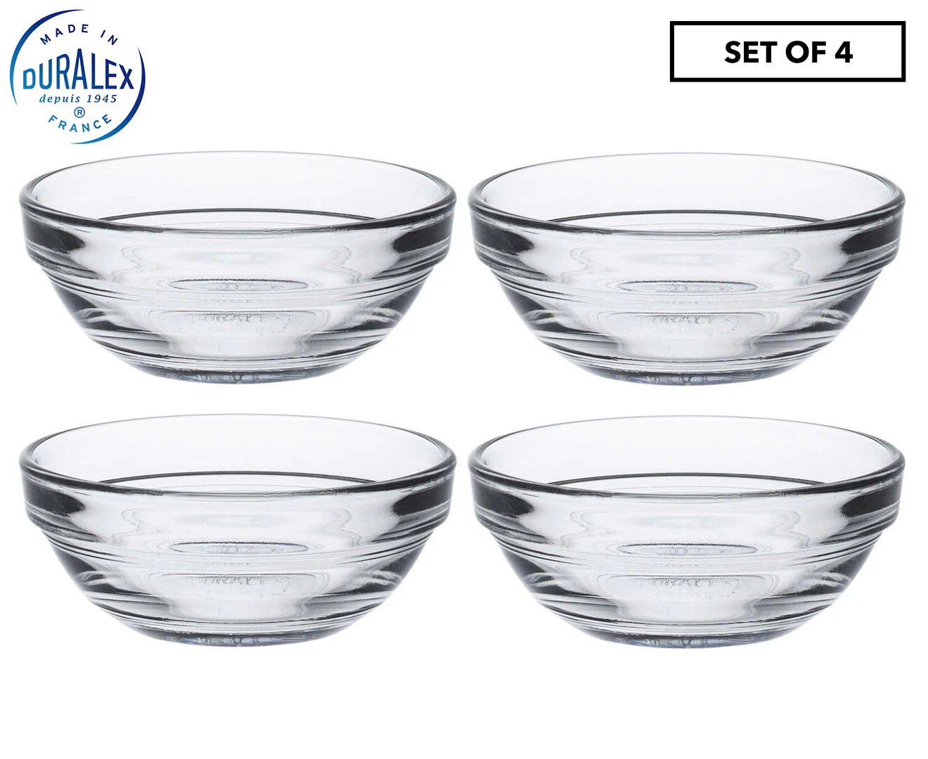 4pc Duralex Lys Stackable 70ml/7.5cm Round Glass Bowl Set Dipping Sauce Dish CLR