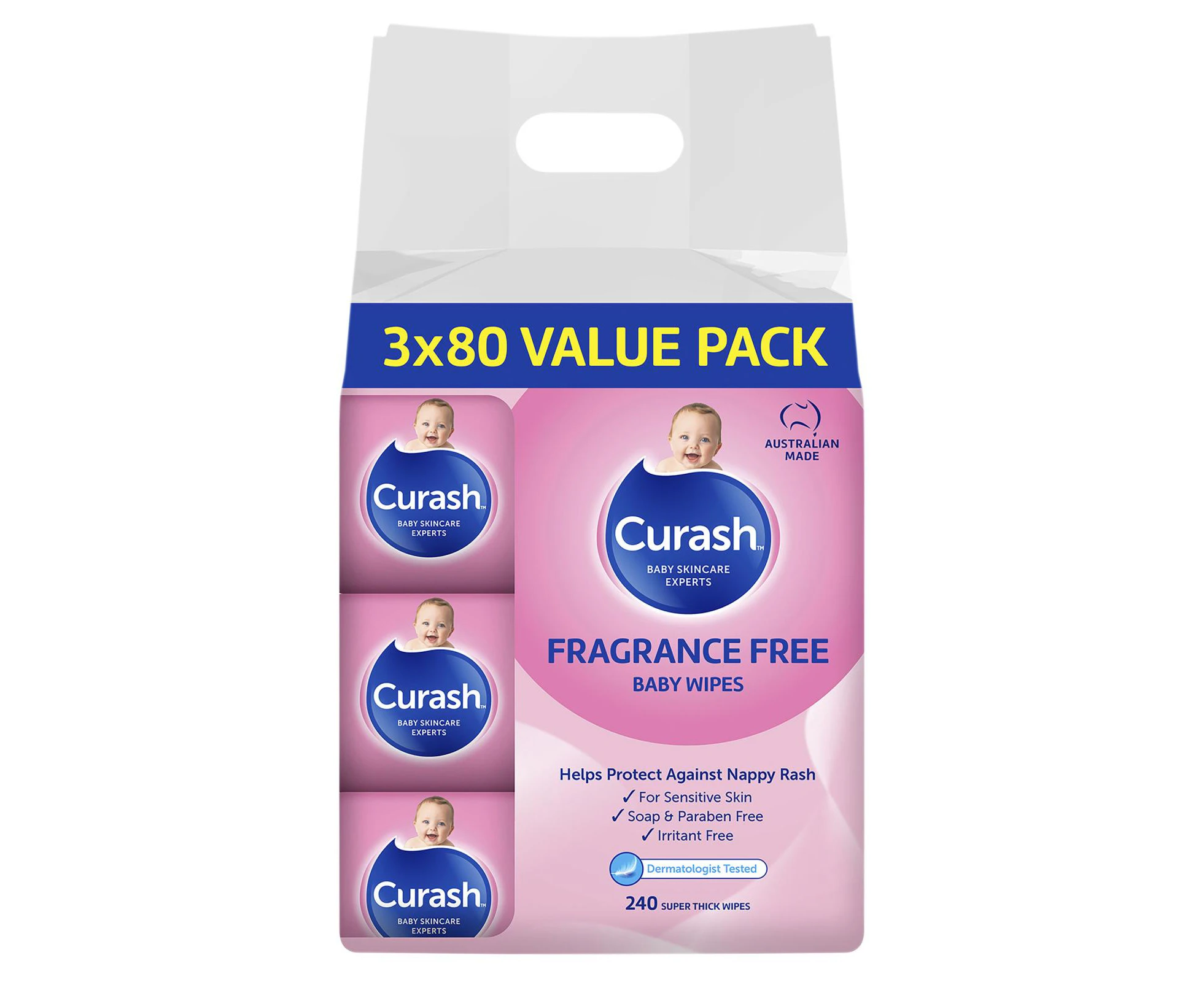 Curash Fragrance Free Baby Wipes 3 x 80 Pack