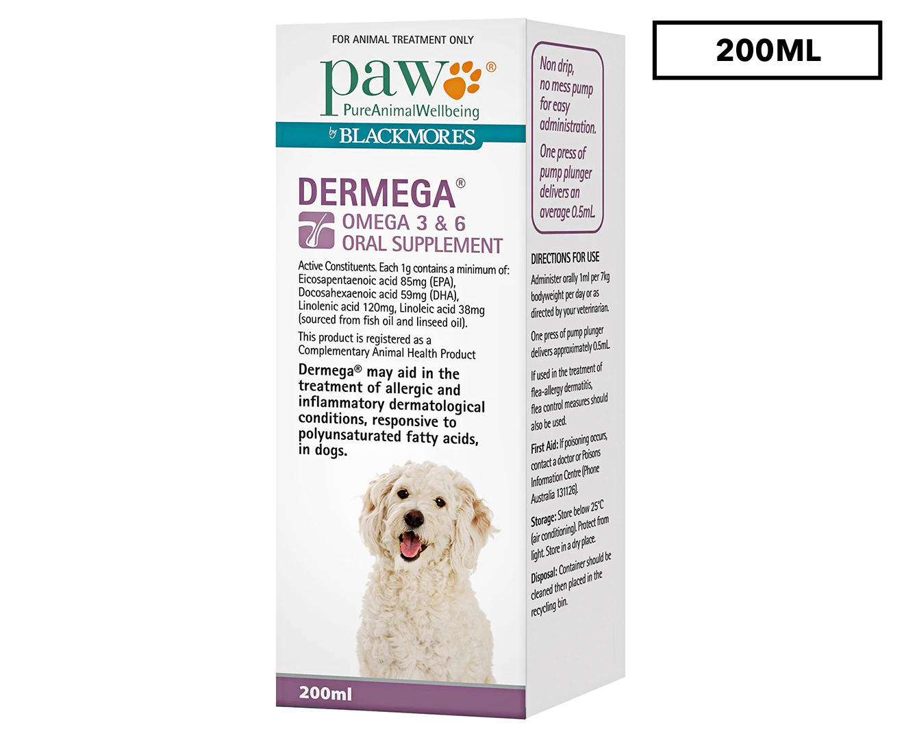 PAW Dermega Omega 3 & 6 200ml Oral Supplement for Dogs Blackmores