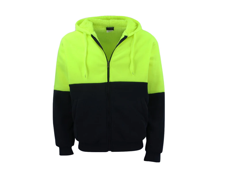 HI VIS Safety Full Zip Thick Sherpa Fleece Hoodie Workwear Jacket Jumper Winter - Fluro Yellow / Navy