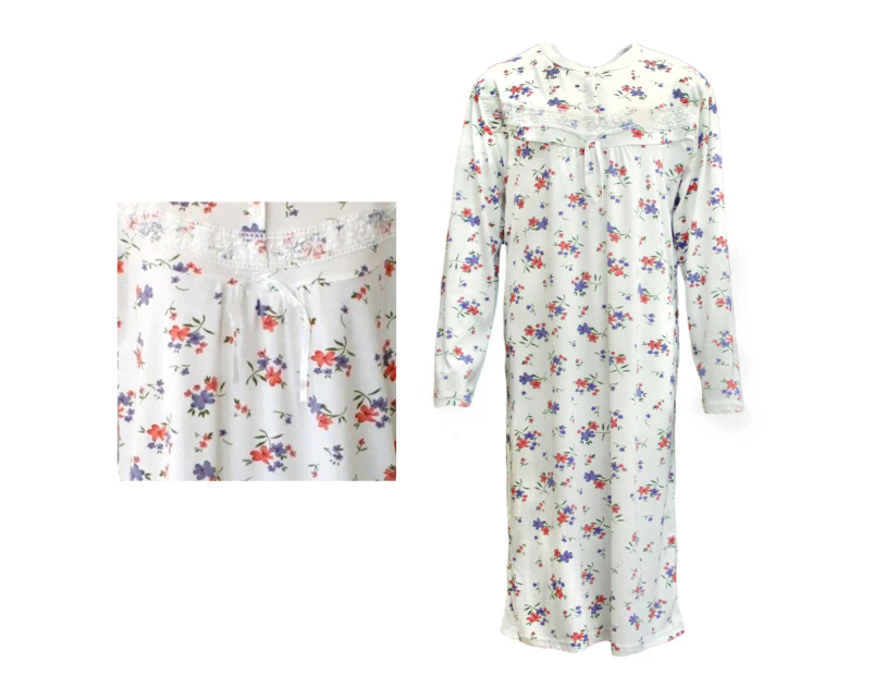 100% Cotton Women Nightie Night Gown Pajamas Pyjamas Winter Sleepwear PJs Dress - Red & Purple Flowers