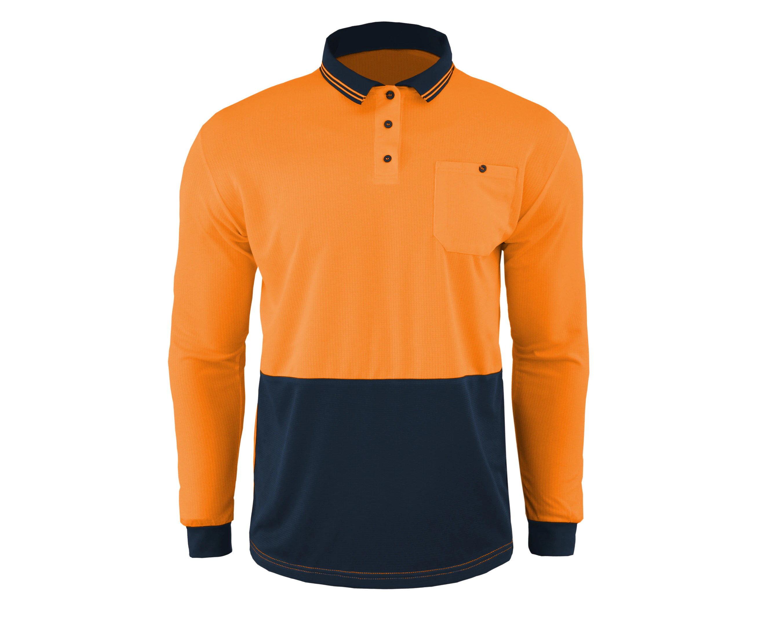 BigBEE Classic Hi Vis Polo Shirt Safety Work wear Two Tone Cool Dry Long Sleeve - ORANGE/NAVY