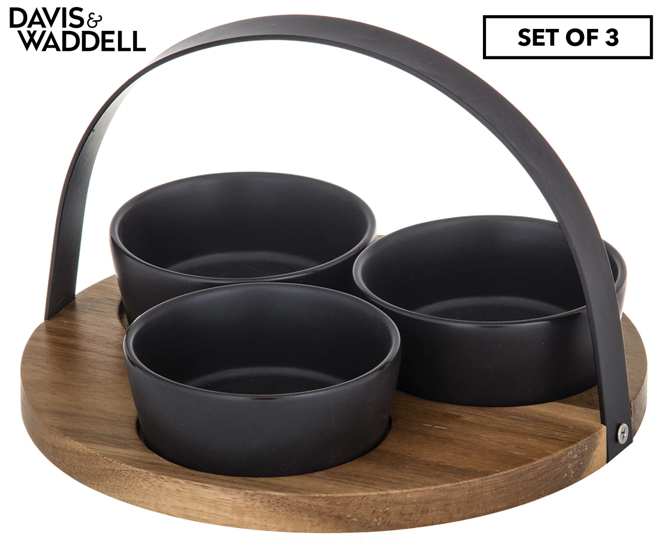 3pc Davis & Waddell Fine Foods Bowl Set w/ Acacia Tray/Handle Natural/Black