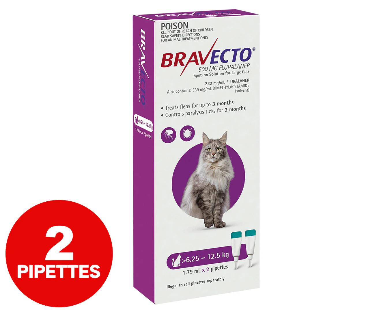 Bravecto Spot-On for Large Cats 6.25-12.5kg - Purple (6 Months)