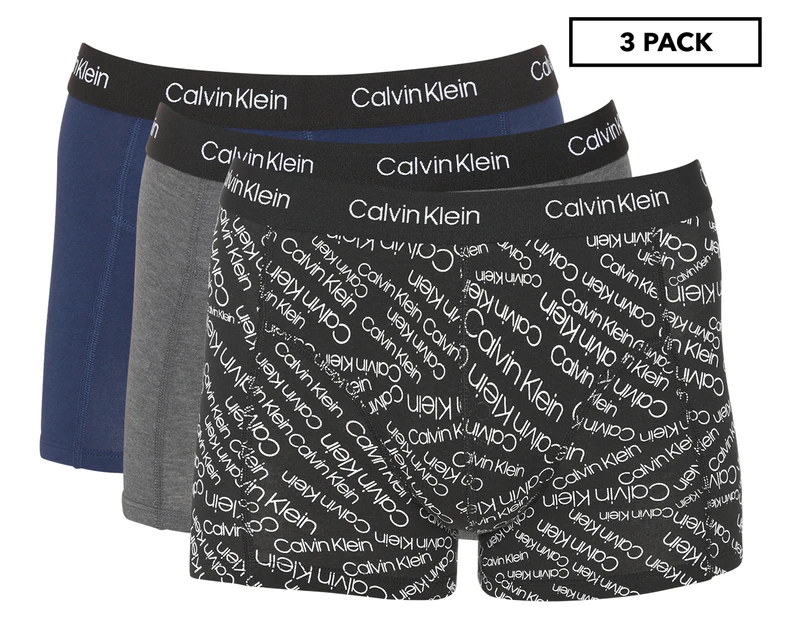 Calvin Klein Men's Cotton Trunks 3-Pack - New Navy/Zebra Logo Print/Black Stormy Weather