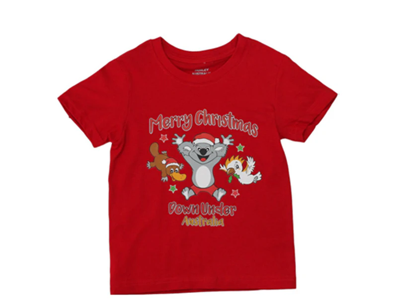 Kids Boys Girls Christmas Xmas T Shirt Tree 100% Cotton [Design: Koala & Friends-Red]