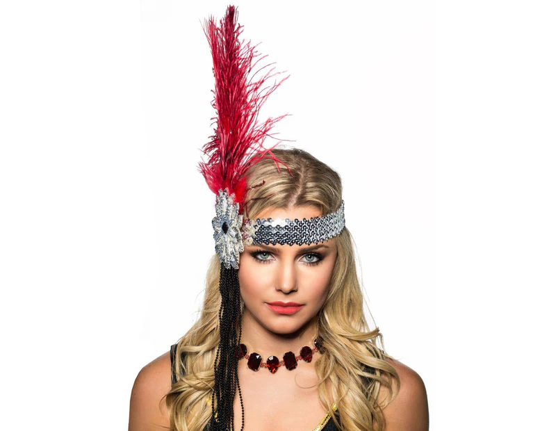 1920s Deluxe Flapper Headband in Red and Silver