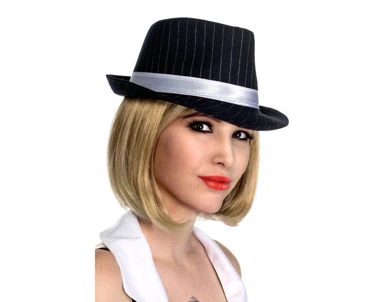 1920's Women's Gangster Pinstriped Black Trilby Hat with White Band