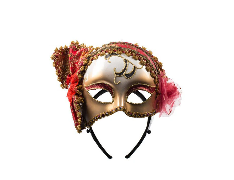 Deco Red and Gold Brocade Masquerade Mask on Headband Womens