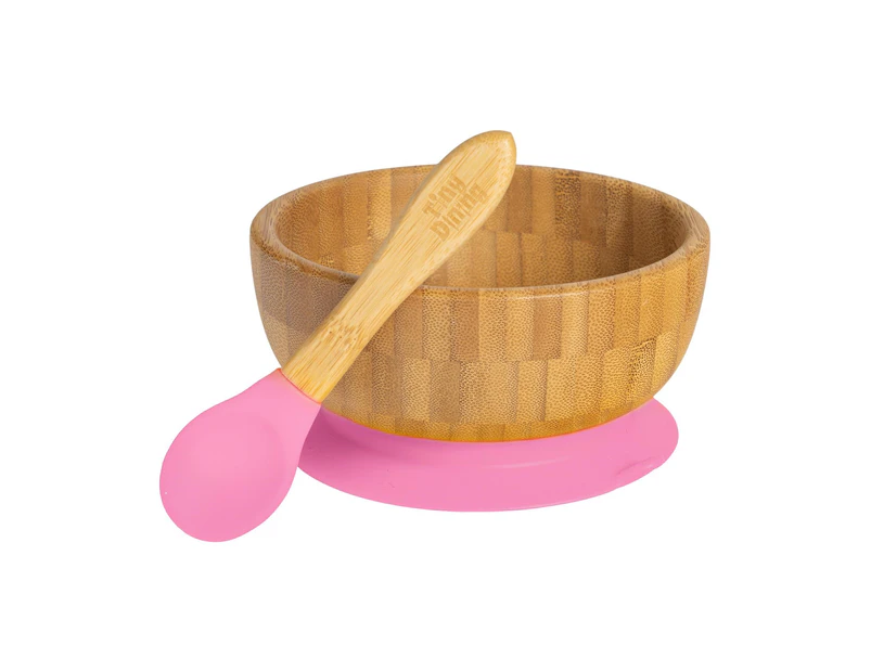 Tiny Dining Children's Bamboo Cereal / Dessert Bowl with Stay Put Suction & Soft Tip Spoon - Pink
