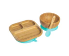 Tiny Dining Children's Bamboo Tableware Set - Plate Bowl Spoon with Stay Put Suction - Blue