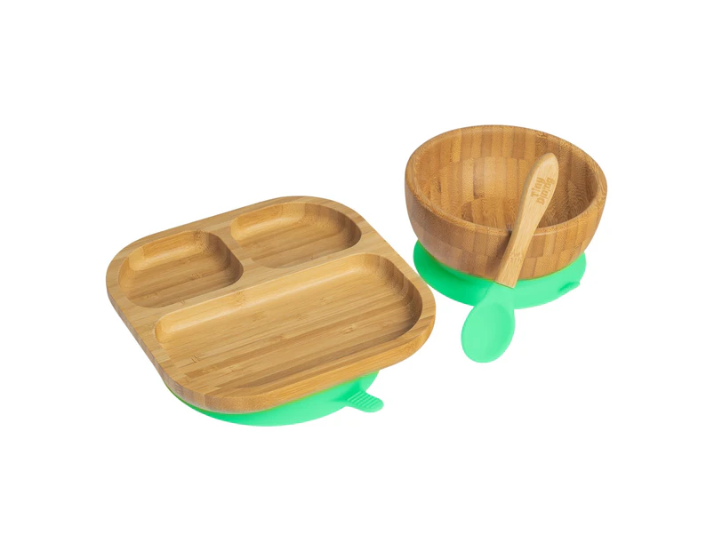 Tiny Dining Children's Bamboo Tableware Set - Plate Bowl Spoon with Stay Put Suction - Green