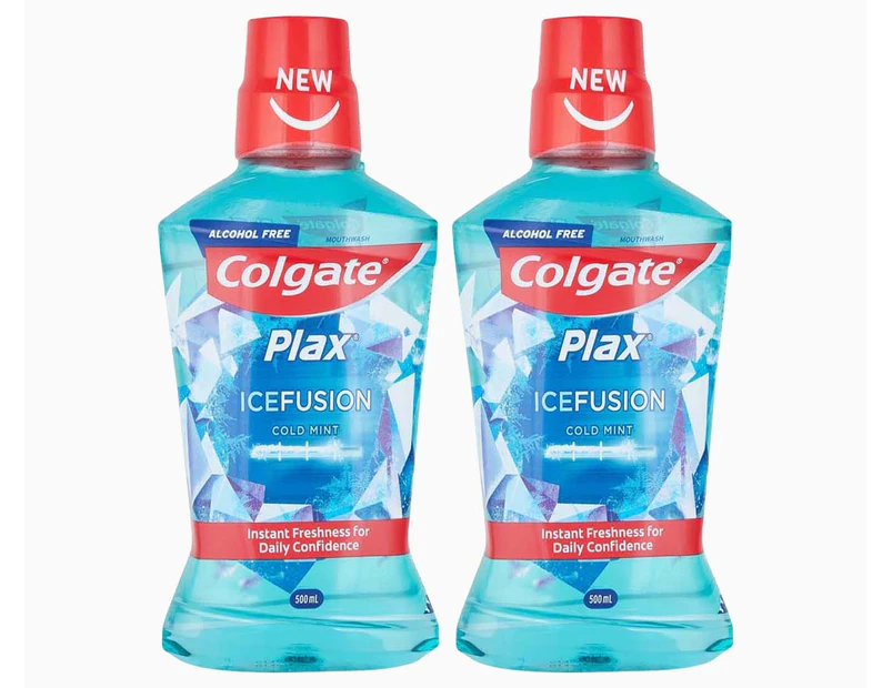 2 x Colgate Plax Ice Fusion Alcohol Free Mouthwash Cold Mint 500ml
