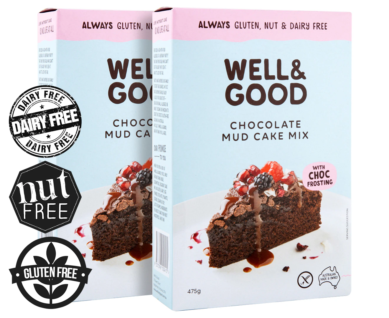 2 x Well & Good Gluten, Nut & Dairy Free Chocolate Mud Cake Mix 475g