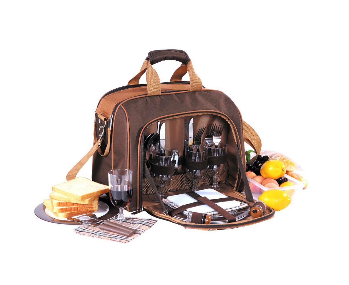 Apollo Walker 4 Person Picnic Shoulder Bag/Wine Glasses/Knives/Forks/Spoons BRN