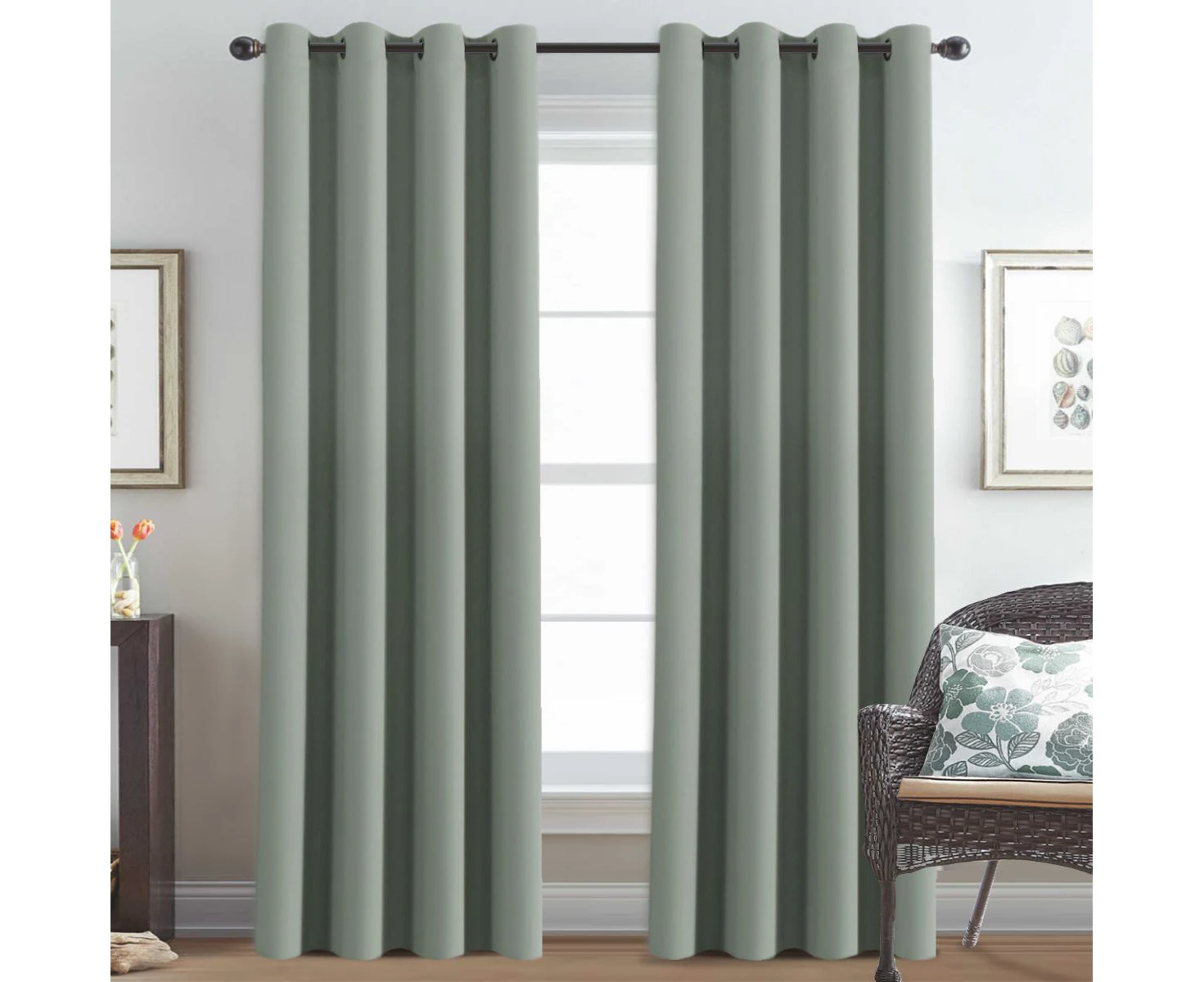 2x Blackout Eyelet Curtain Blockout Window Curtain Draperies Bedroom Living Room Curtain, Sold One Pair, Sage, Multi Sizes - Sage