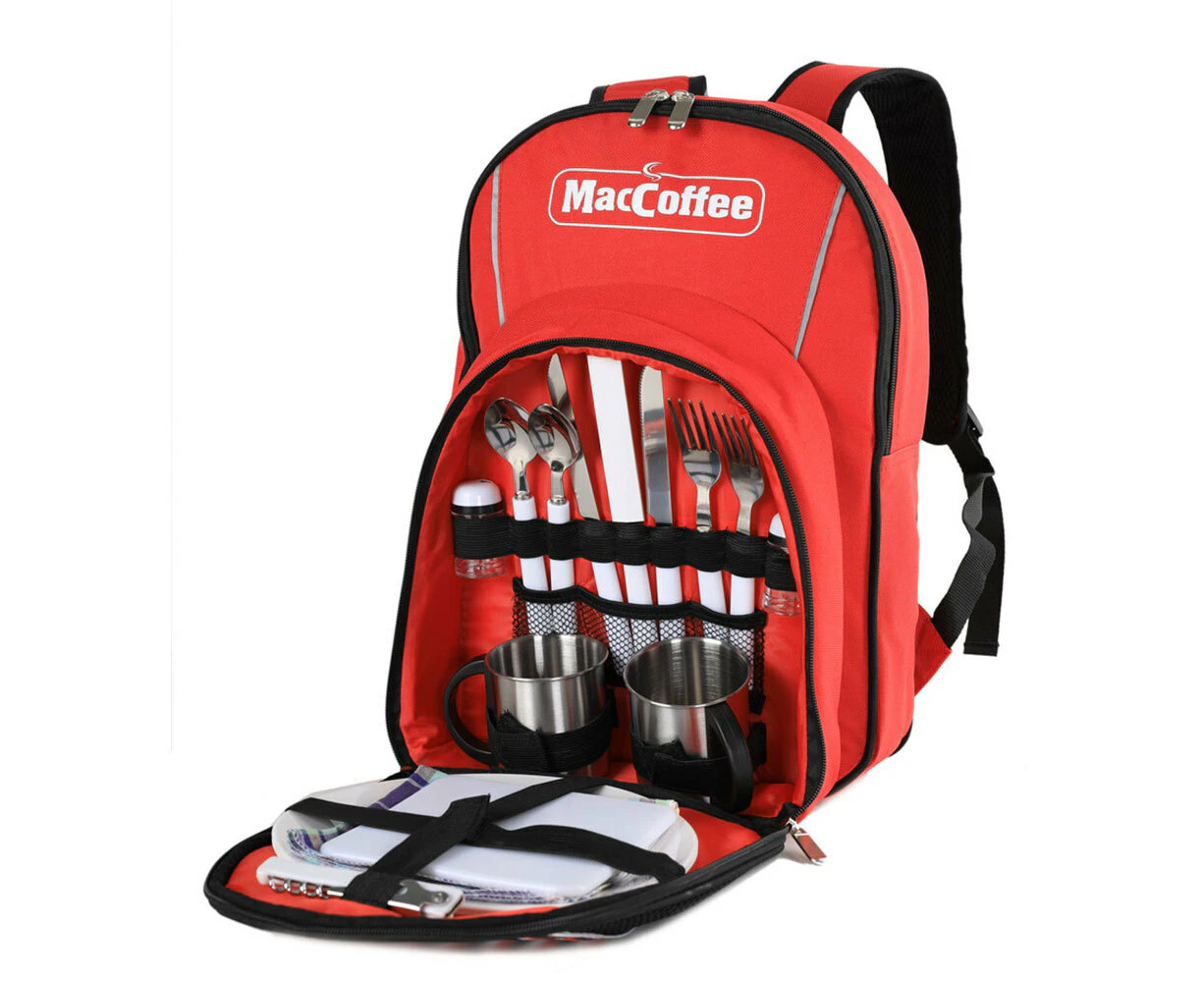 Mac Coffee 2 Person Picnic Bag/Backpack Steel Mugs/Cutlery/Knives/Forks Red