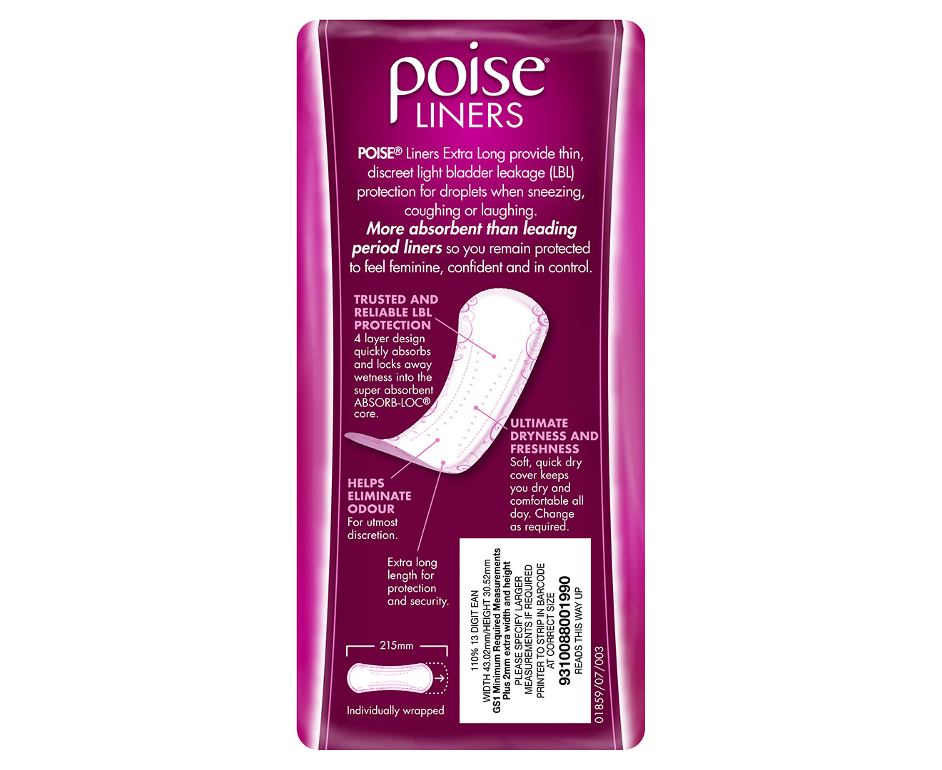 2 x Poise Bladder Leakage Extra Long Liners 22pk