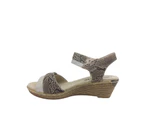Lorella Pia Ladies Sandals Wedge Sole 2 Tone Snakeskin Look Upper Adjustable Tabs - Silver/Taupe