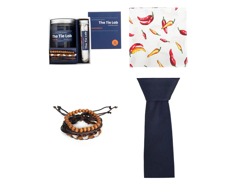 Tie Lab Men's Tie, Bracelet & Pocket Square Accessory Gift Set - Navy/Brown/Chilli