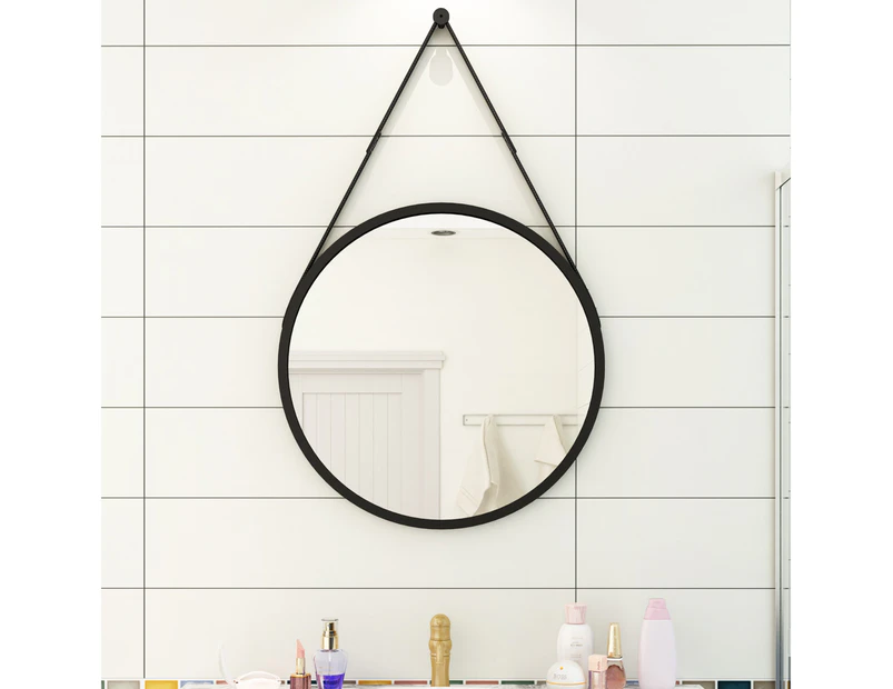 ELEGANT Round Wall Mirrors Bathroom Makeup Mirror Black Iron Frame with Leather Belt 700x700x4mm